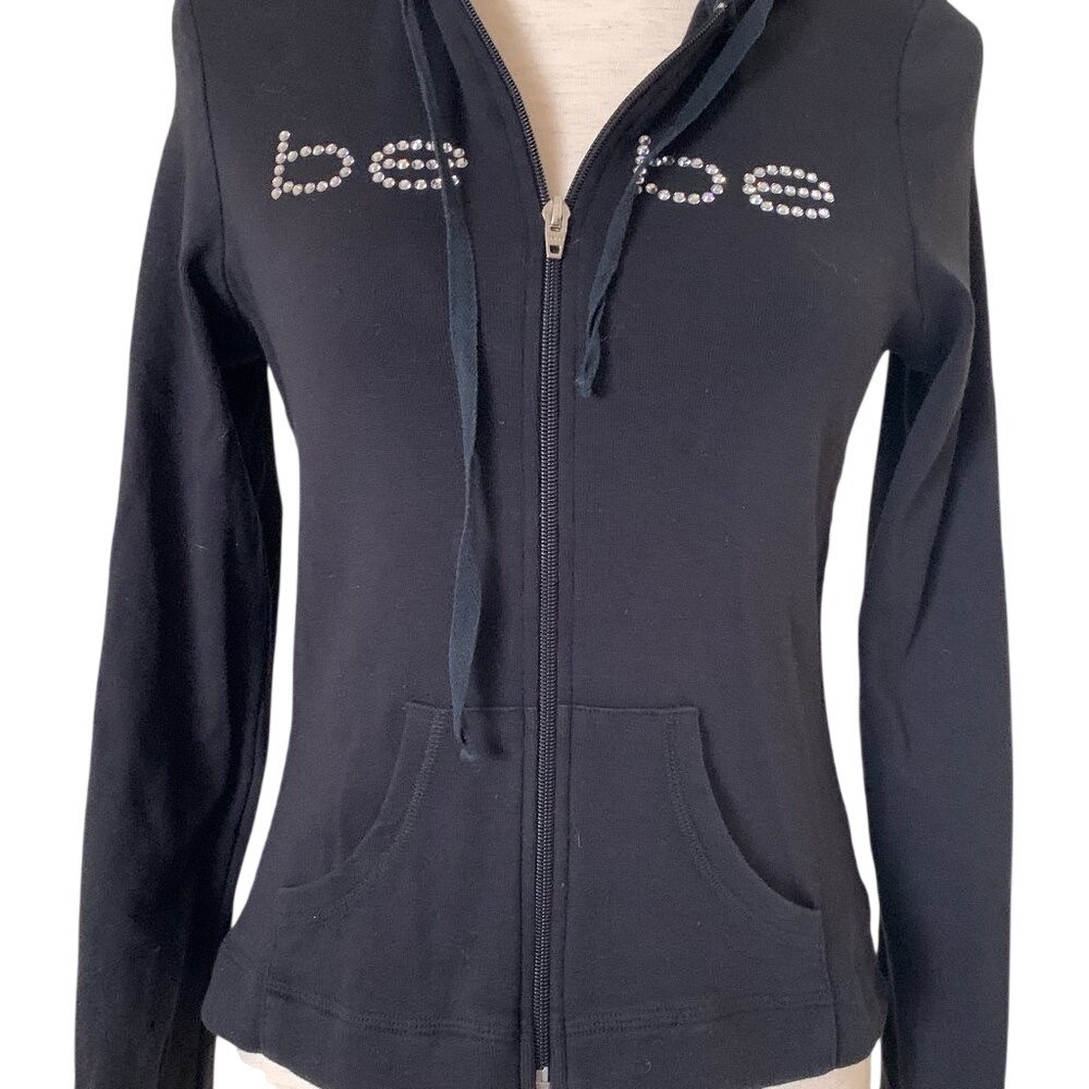 Bebe Black Rhinestone Logo Zip Up Hoodie Sweater Y2K Rayon Knit Large